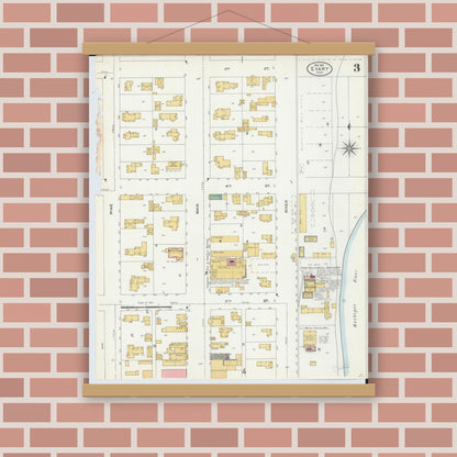 Old map wall art mockup — magnetic wood frame on brick wall — Sanborn Fire Insurance Map from Evart, Osceola County, Michigan (1904), Sheet #0003