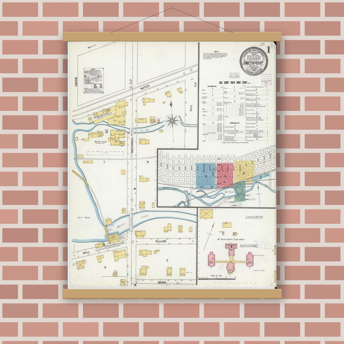 Old map wall art mockup — magnetic wood frame on brick wall — Sanborn Fire Insurance Map from Smethport, McKean County, Pennsylvania (1903) - Complete Map Set