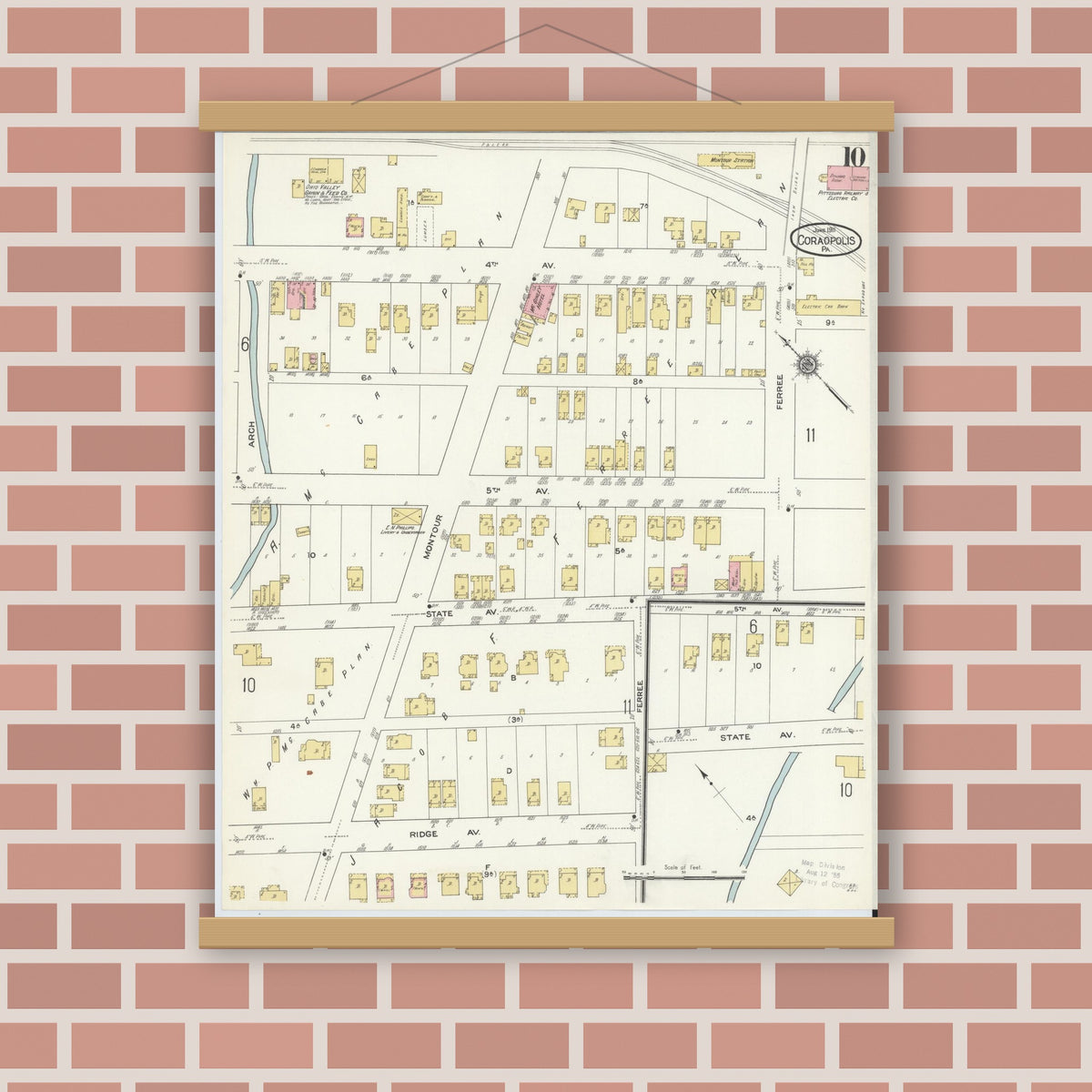 Old map wall art mockup — magnetic wood frame on brick wall — Sanborn Fire Insurance Map from Coraopolis, Allegheny County, Pennsylvania (1911), Sheet #0010