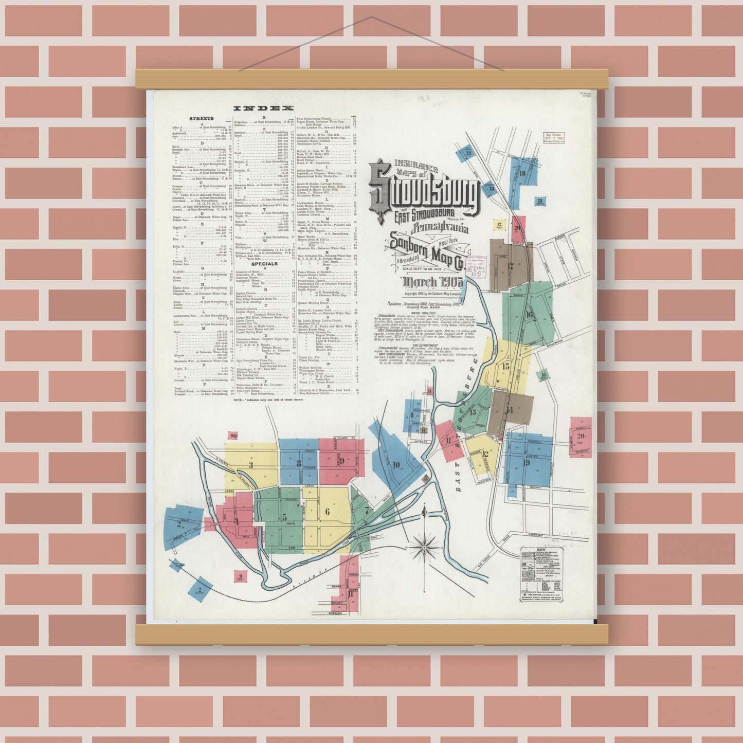 Old map wall art mockup — magnetic wood frame on brick wall — Sanborn Fire Insurance Map from Stroudsburg, Monroe County, Pennsylvania (1905), Sheet #0001