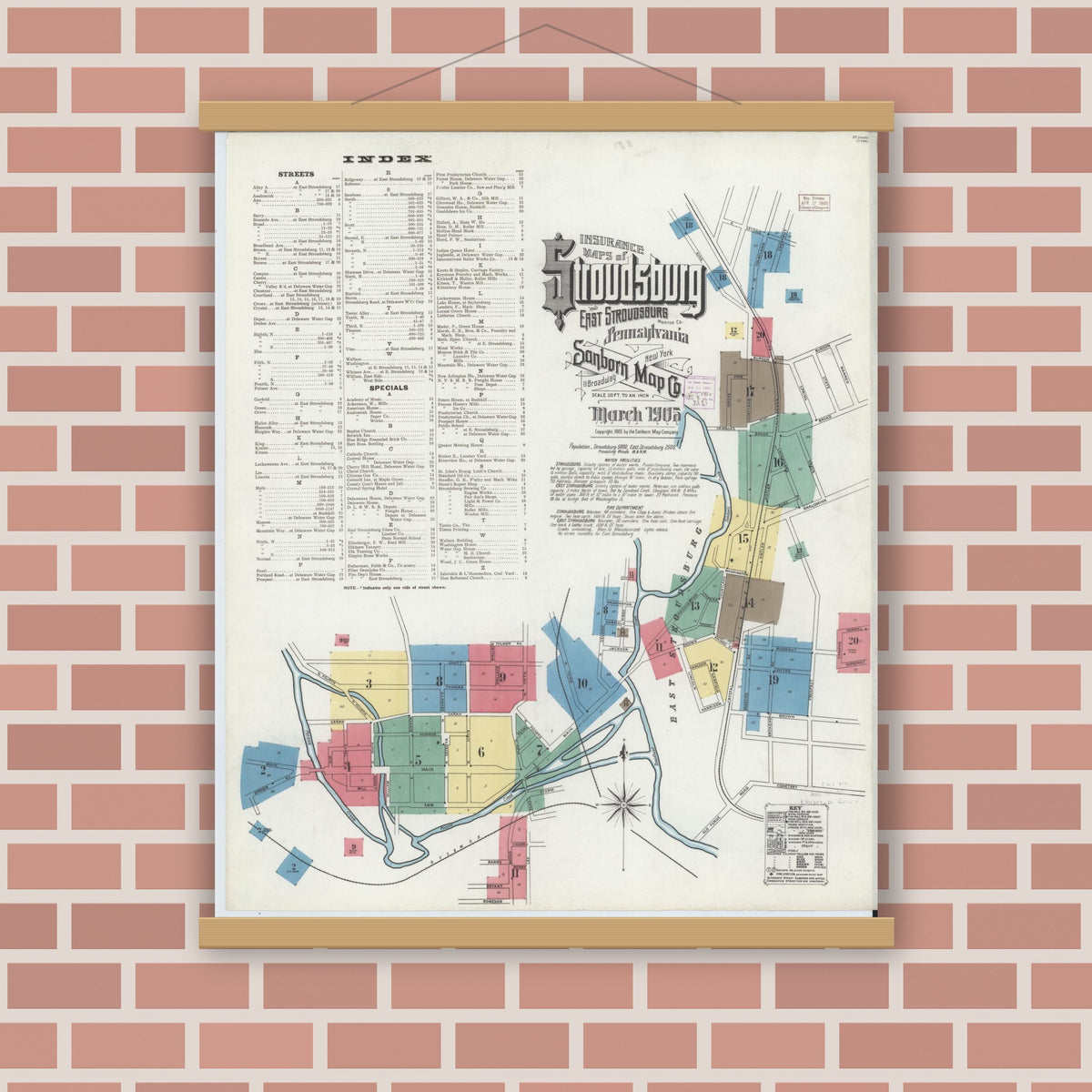 Old map wall art mockup — magnetic wood frame on brick wall — Sanborn Fire Insurance Map from Stroudsburg, Monroe County, Pennsylvania (1905), Sheet #0001