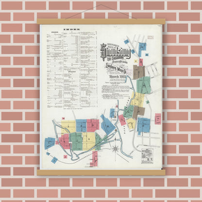 Old map wall art mockup — magnetic wood frame on brick wall — Sanborn Fire Insurance Map from Stroudsburg, Monroe County, Pennsylvania (1905), Sheet #0001