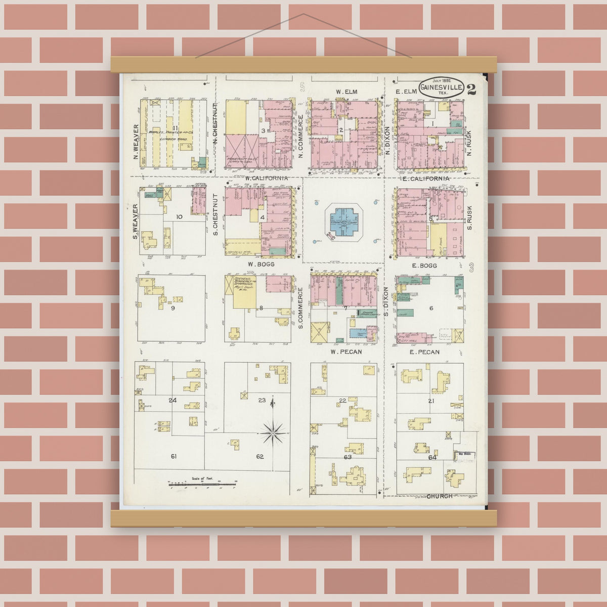 Old map wall art mockup — magnetic wood frame on brick wall — Sanborn Fire Insurance Map from Gainesville, Cooke County, Texas (1892), Sheet #0002