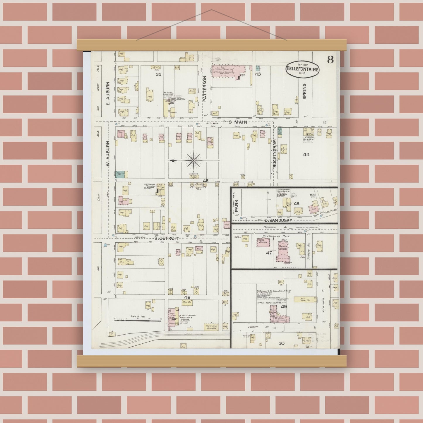 Old map wall art mockup — magnetic wood frame on brick wall — Sanborn Fire Insurance Map from Bellefontaine, Logan County, Ohio (1887), Sheet #0008