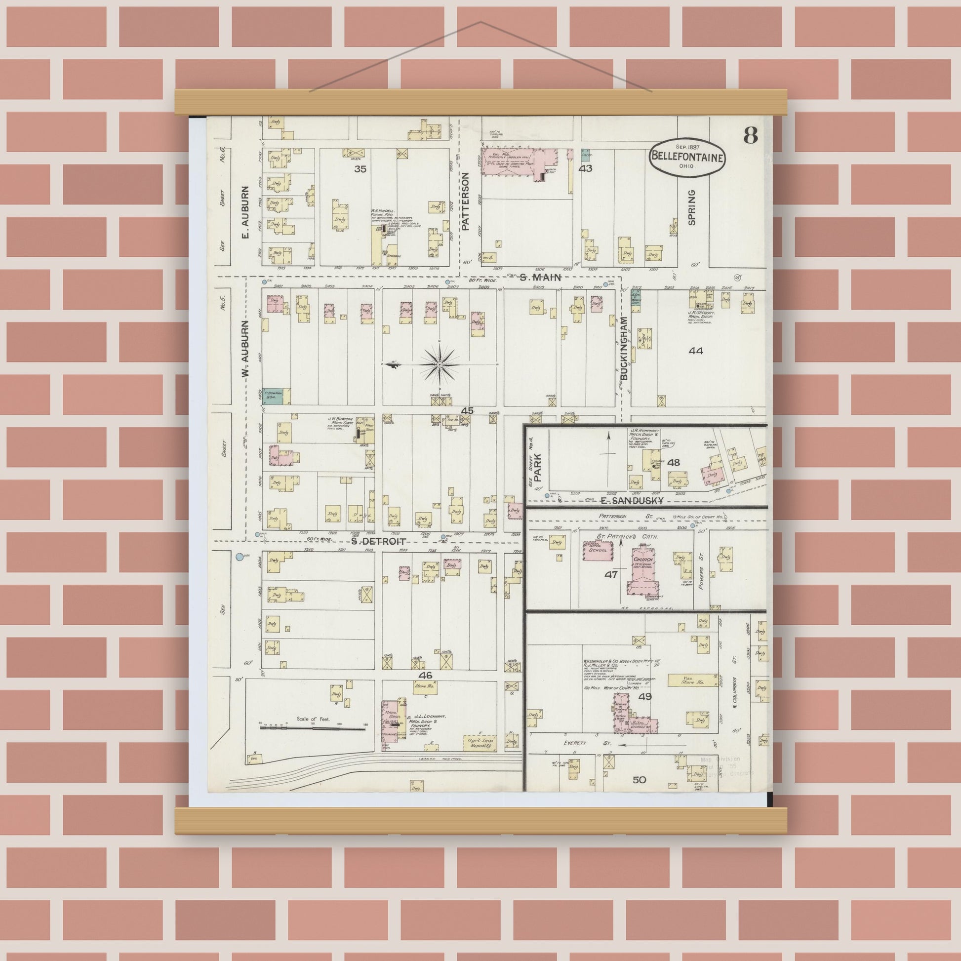 Old map wall art mockup — magnetic wood frame on brick wall — Sanborn Fire Insurance Map from Bellefontaine, Logan County, Ohio (1887), Sheet #0008