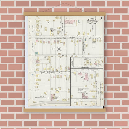 Old map wall art mockup — magnetic wood frame on brick wall — Sanborn Fire Insurance Map from Bellefontaine, Logan County, Ohio (1887), Sheet #0008