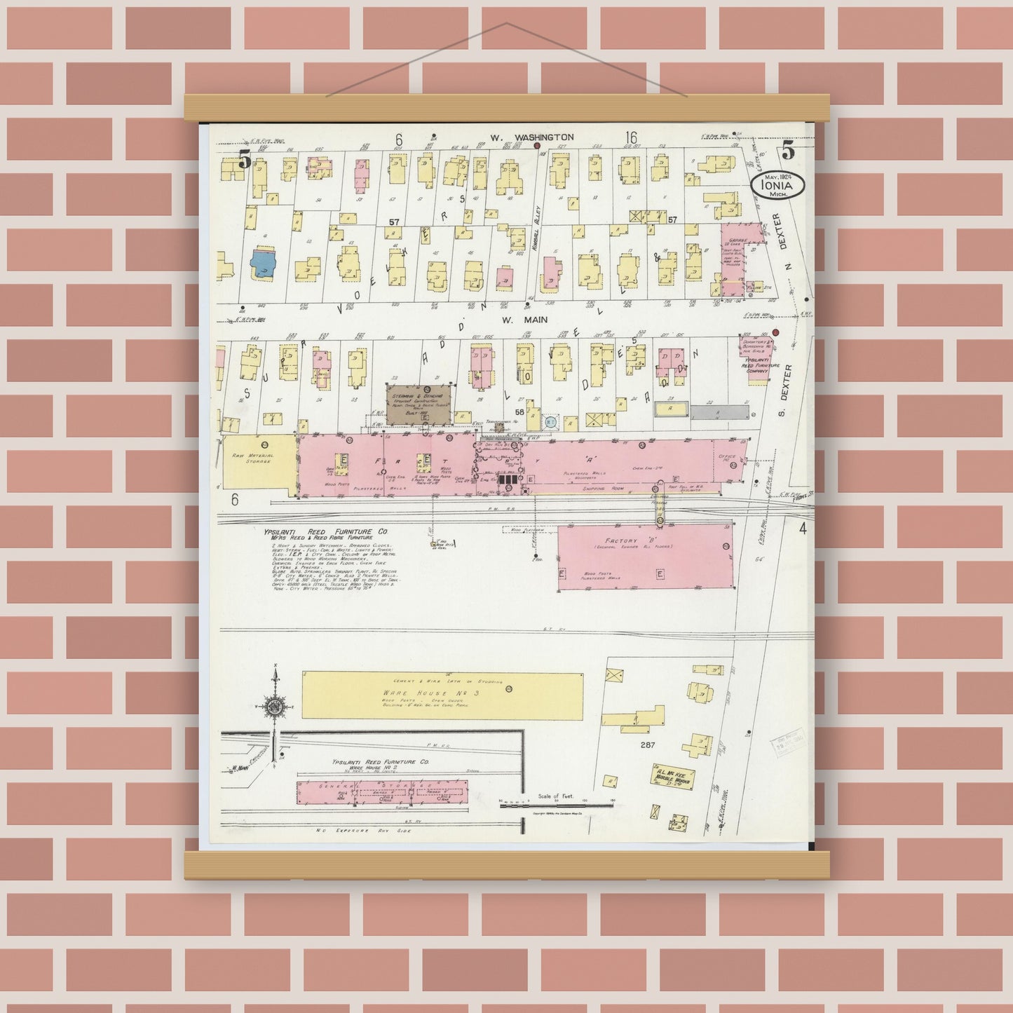 Old map wall art mockup — magnetic wood frame on brick wall — Sanborn Fire Insurance Map from Ionia, Ionia County, Michigan (1924), Sheet #0005