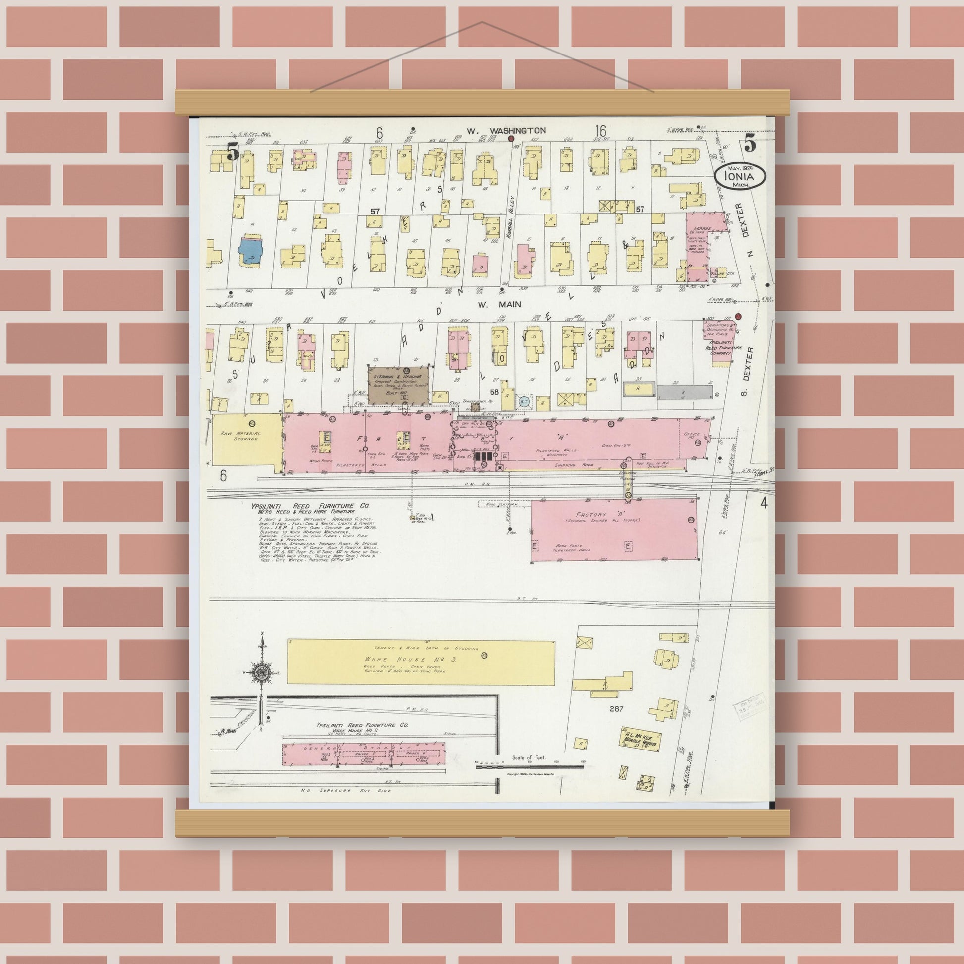 Old map wall art mockup — magnetic wood frame on brick wall — Sanborn Fire Insurance Map from Ionia, Ionia County, Michigan (1924), Sheet #0005