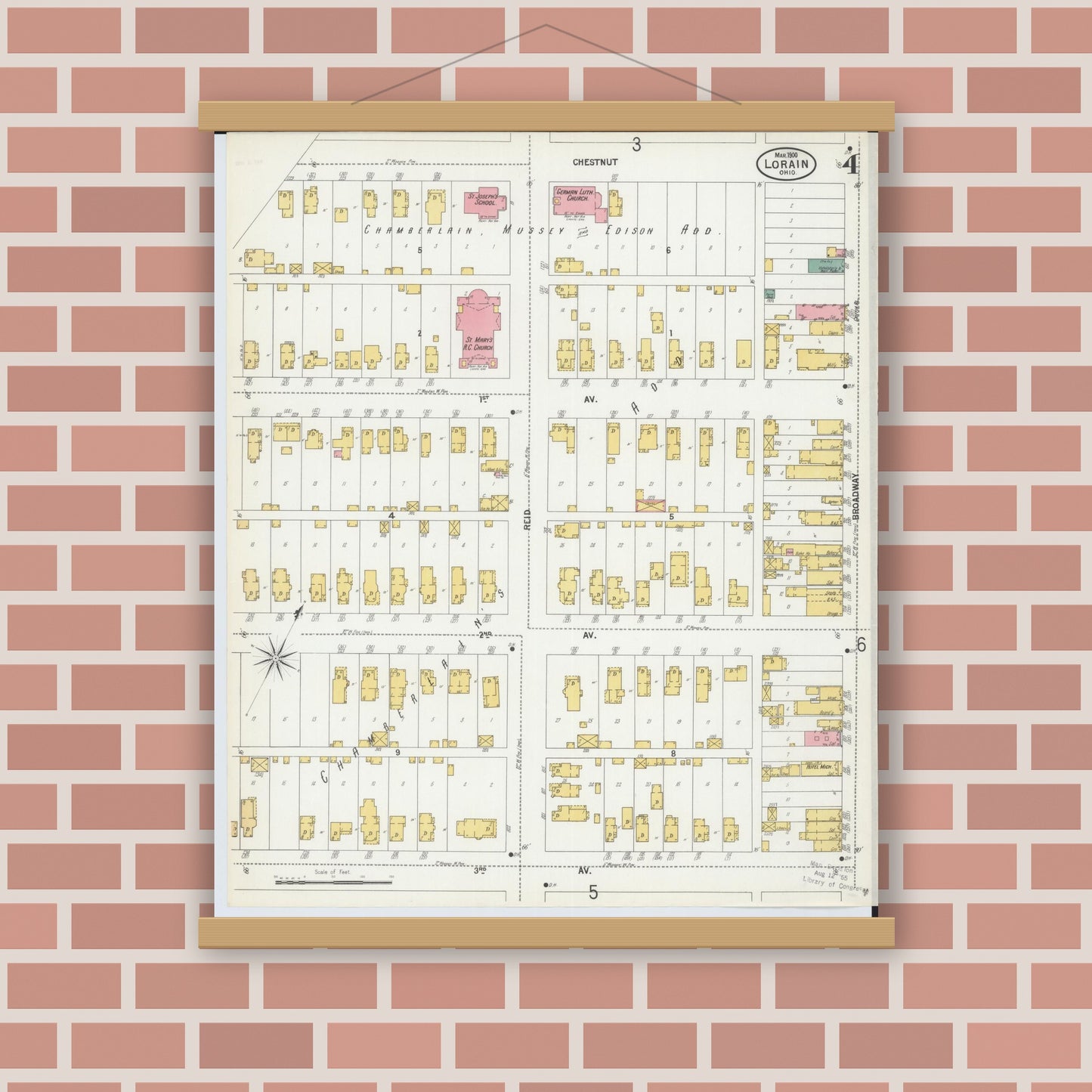 Old map wall art mockup — magnetic wood frame on brick wall — Sanborn Fire Insurance Map from Lorain, Lorain County, Ohio (1900), Sheet #0004