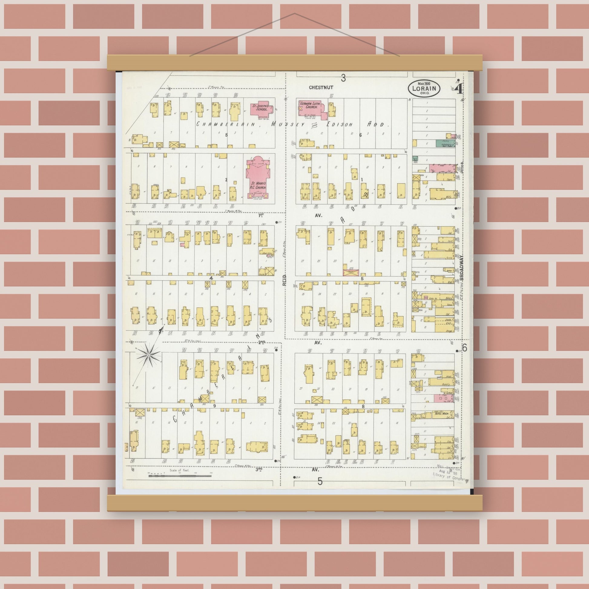 Old map wall art mockup — magnetic wood frame on brick wall — Sanborn Fire Insurance Map from Lorain, Lorain County, Ohio (1900), Sheet #0004