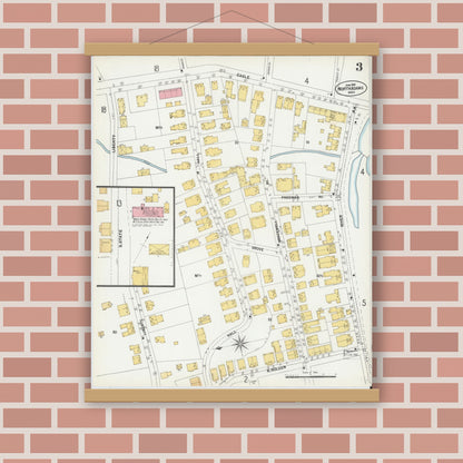 Old map wall art mockup — magnetic wood frame on brick wall — Sanborn Fire Insurance Map from North Adams, Berkshire County, Massachusetts (1901), Sheet #0003