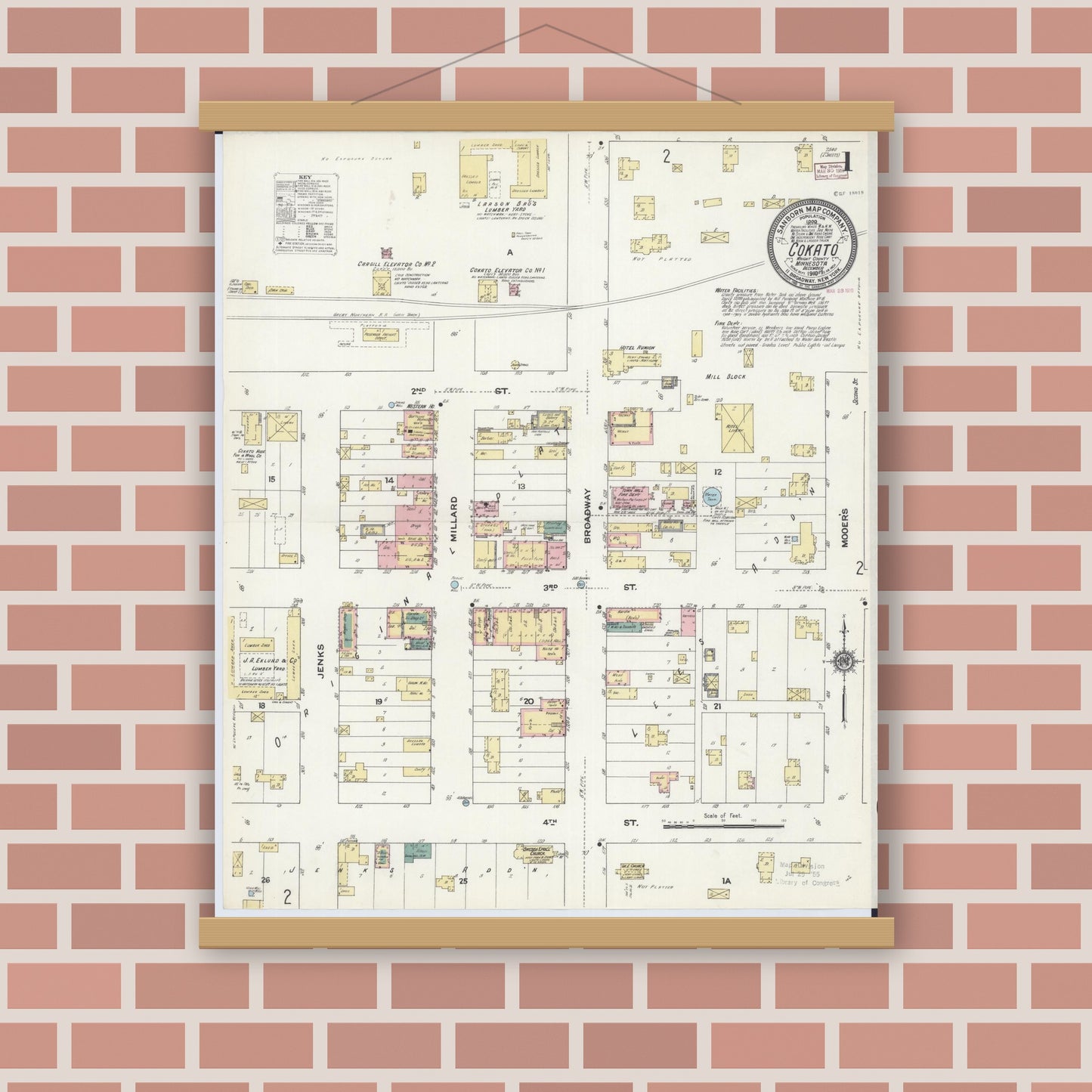 Old map wall art mockup — magnetic wood frame on brick wall — Sanborn Fire Insurance Map from Cokato, Wright County, Minnesota (1909), Sheet #0001