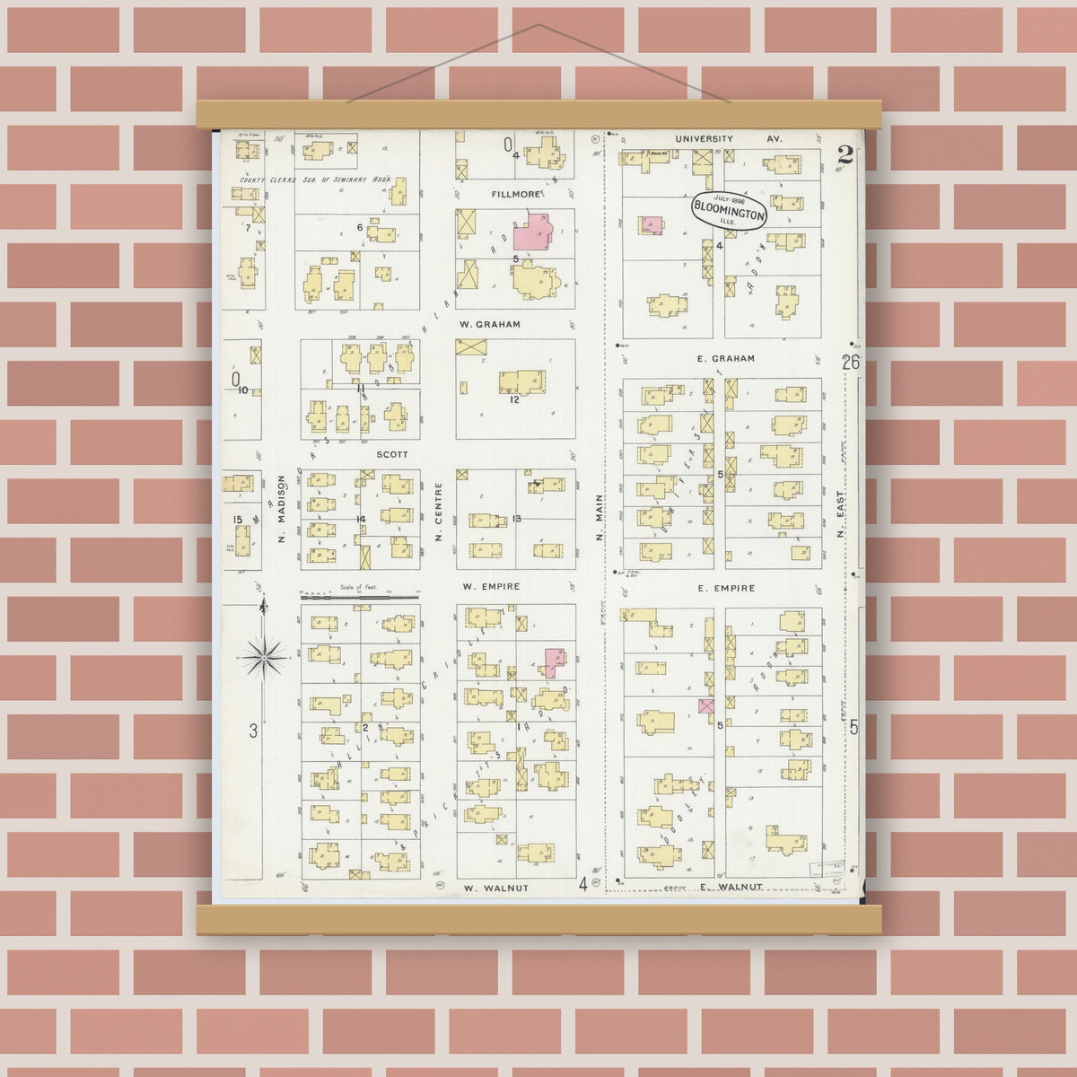 Old map wall art mockup — magnetic wood frame on brick wall — Sanborn Fire Insurance Map from Bloomington, McLean County, Illinois (1896), Sheet #0002