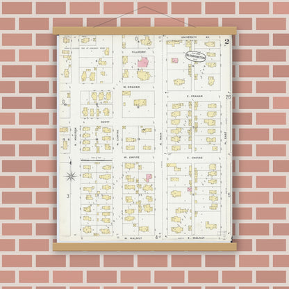 Old map wall art mockup — magnetic wood frame on brick wall — Sanborn Fire Insurance Map from Bloomington, McLean County, Illinois (1896), Sheet #0002