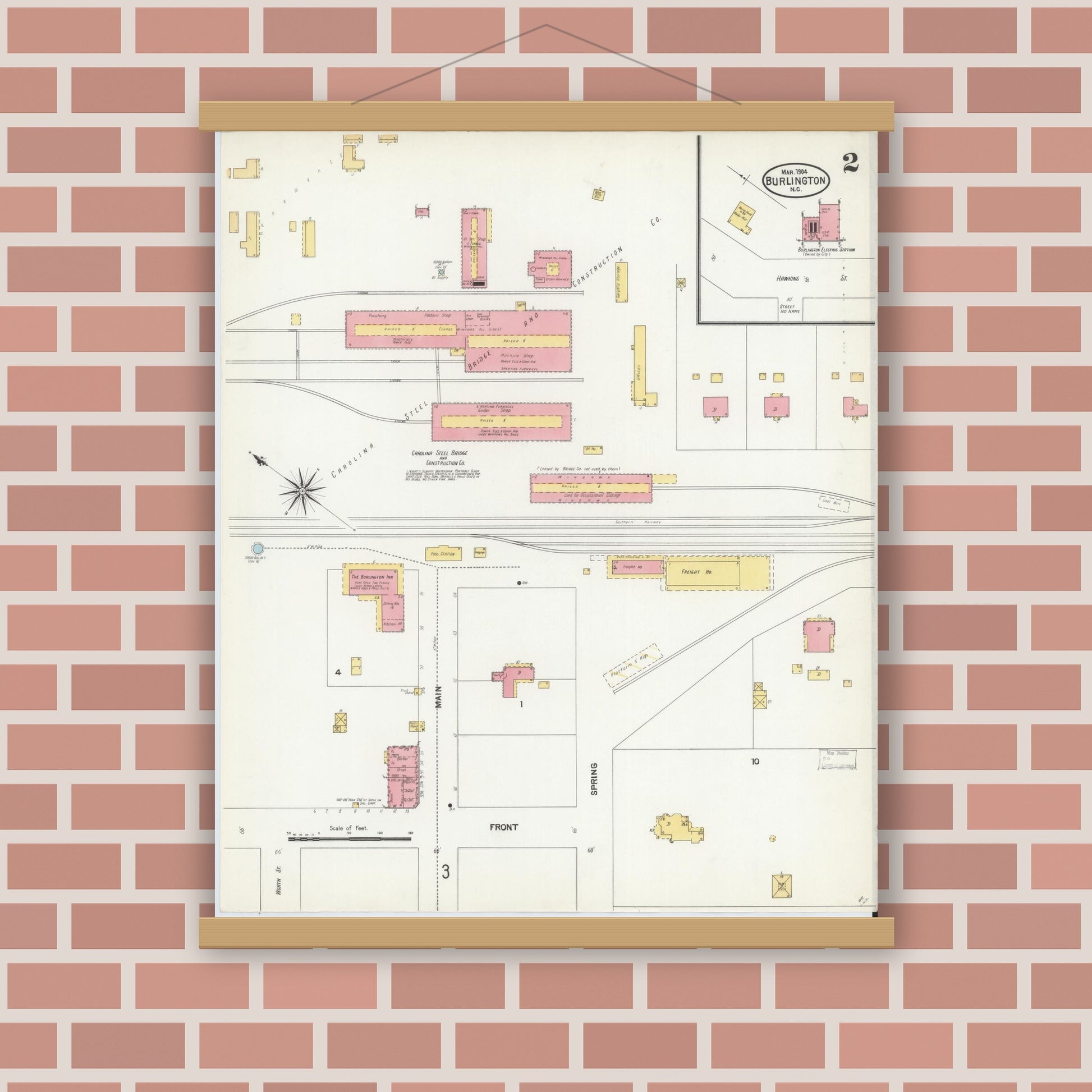 Old map wall art mockup — magnetic wood frame on brick wall — Sanborn Fire Insurance Map from Burlington, Alamance County, North Carolina (1904), Sheet #0002