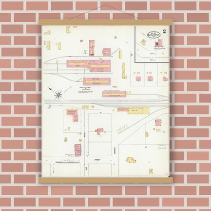 Old map wall art mockup — magnetic wood frame on brick wall — Sanborn Fire Insurance Map from Burlington, Alamance County, North Carolina (1904), Sheet #0002