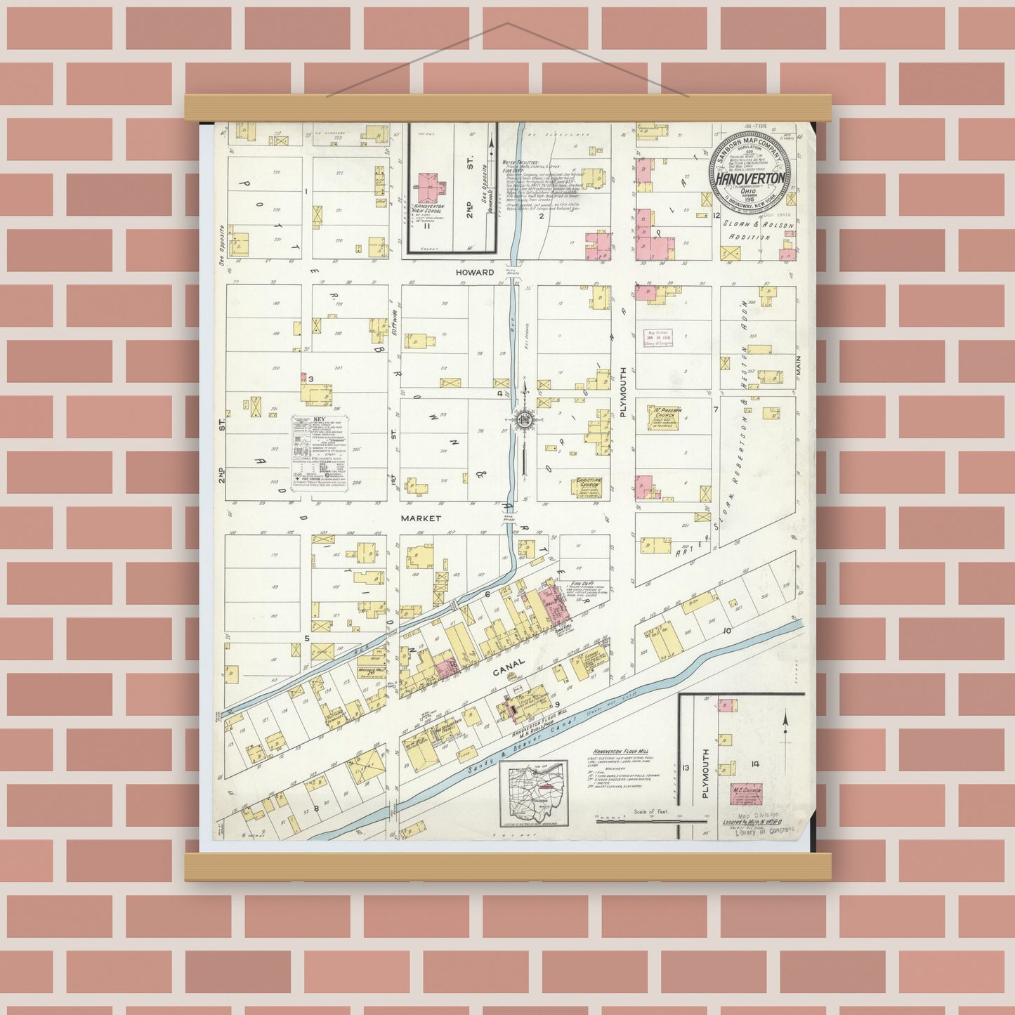 Old map wall art mockup — magnetic wood frame on brick wall — Sanborn Fire Insurance Map from Hanoverton, Columbiana County, Ohio (1915), Sheet #0001