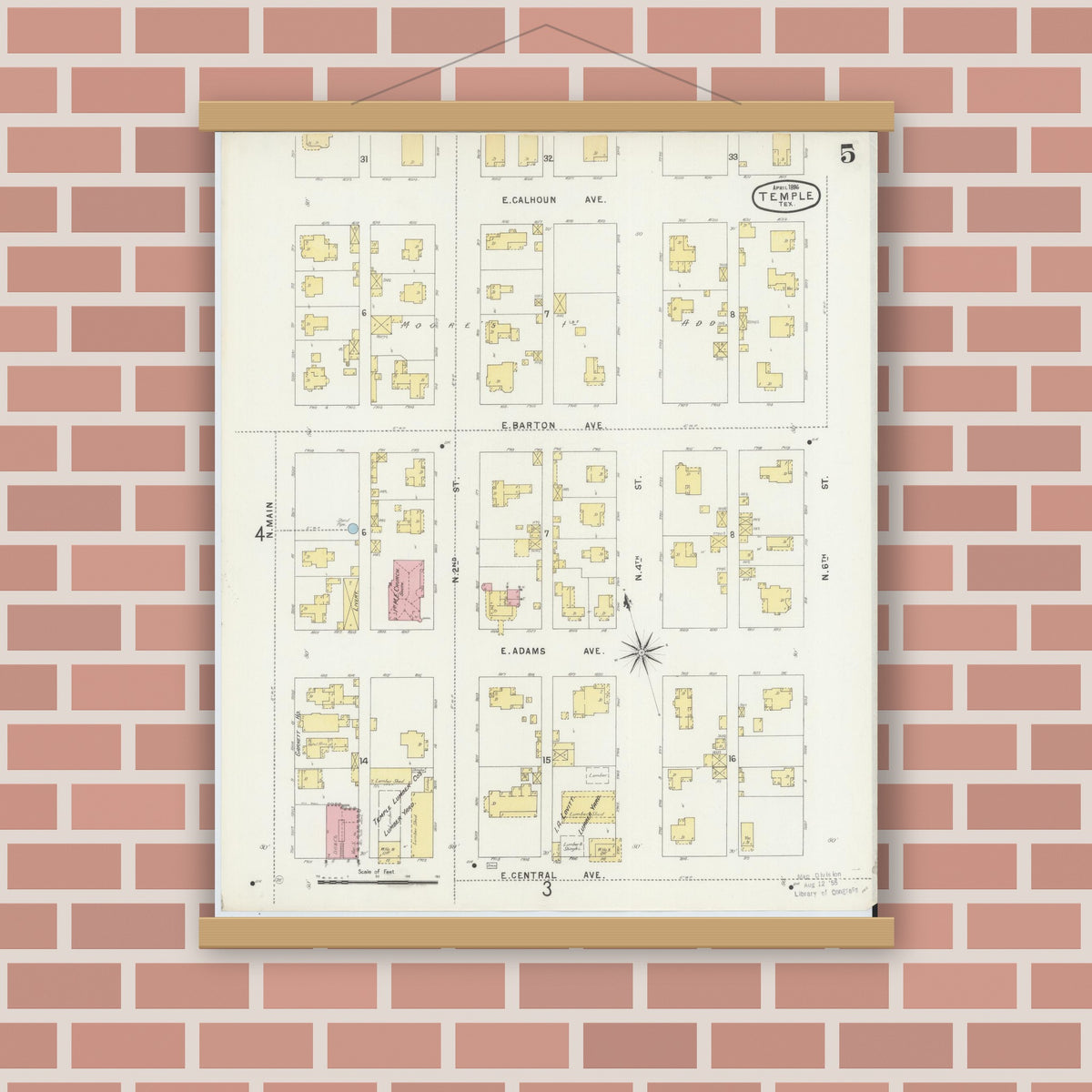 Old map wall art mockup — magnetic wood frame on brick wall — Sanborn Fire Insurance Map from Temple, Bell County, Texas (1896), Sheet #0005