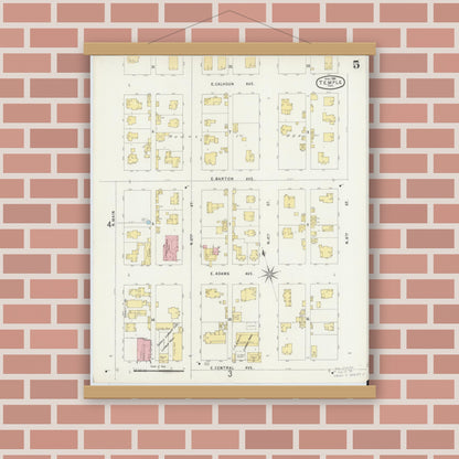 Old map wall art mockup — magnetic wood frame on brick wall — Sanborn Fire Insurance Map from Temple, Bell County, Texas (1896), Sheet #0005