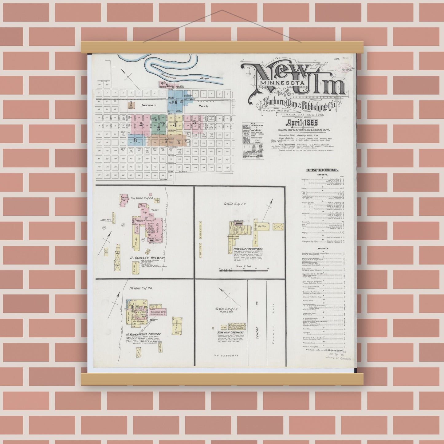 Old map wall art mockup — magnetic wood frame on brick wall — Sanborn Fire Insurance Map from New Ulm, Brown County, Minnesota (1889), Sheet #0001