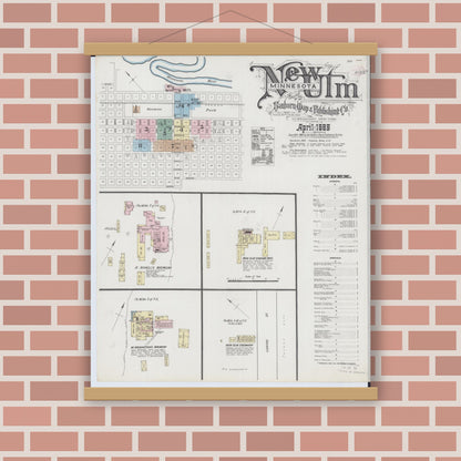 Old map wall art mockup — magnetic wood frame on brick wall — Sanborn Fire Insurance Map from New Ulm, Brown County, Minnesota (1889), Sheet #0001