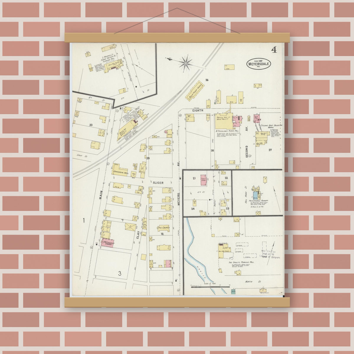 Old map wall art mockup — magnetic wood frame on brick wall — Sanborn Fire Insurance Map from Meyersdale, Somerset County, Pennsylvania (1897), Sheet #0004