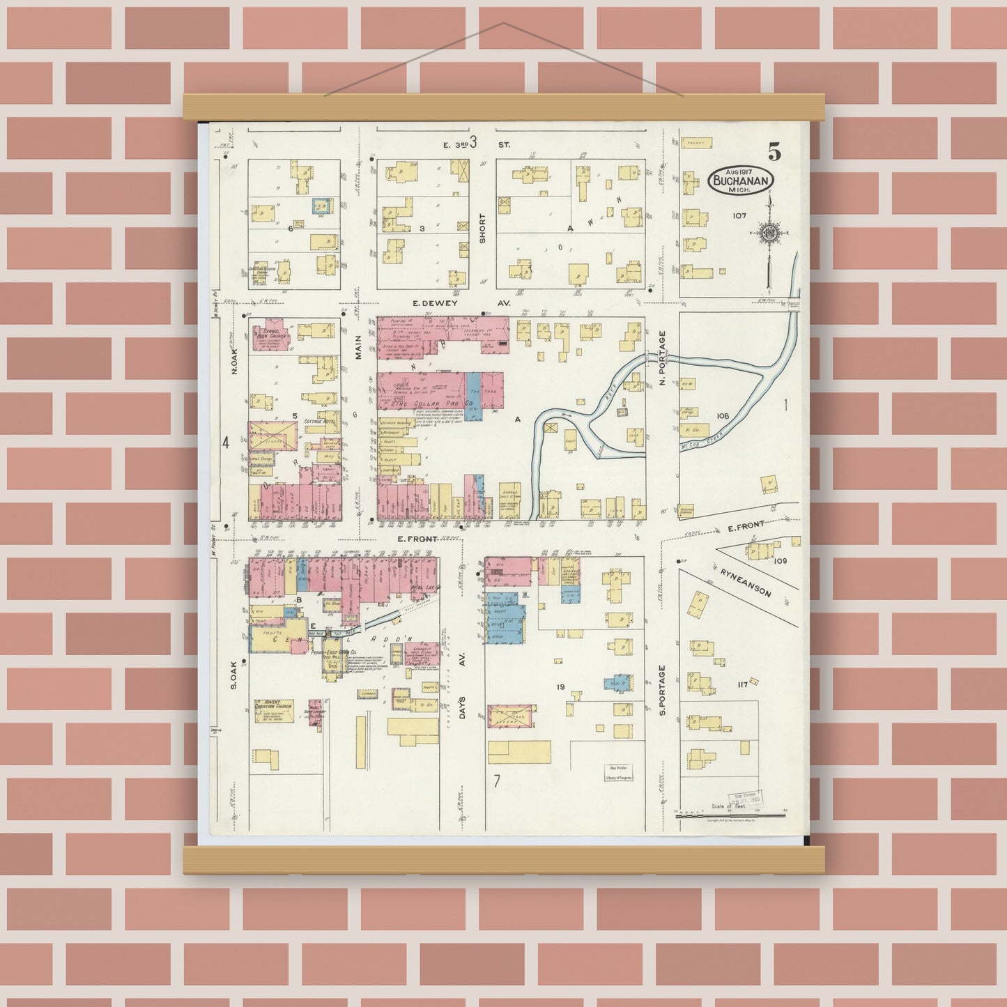 Old map wall art mockup — magnetic wood frame on brick wall — Sanborn Fire Insurance Map from Buchanan, Berrien County, Michigan (1917), Sheet #0005