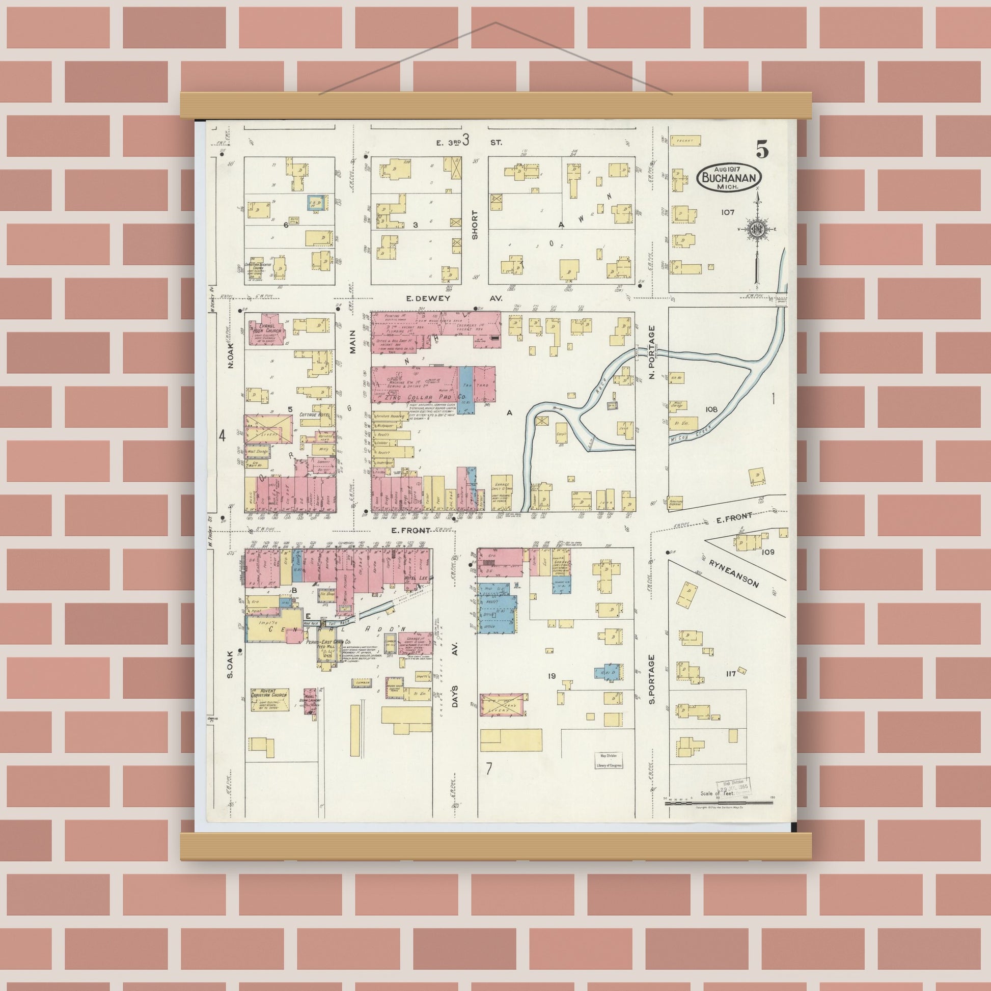 Old map wall art mockup — magnetic wood frame on brick wall — Sanborn Fire Insurance Map from Buchanan, Berrien County, Michigan (1917), Sheet #0005