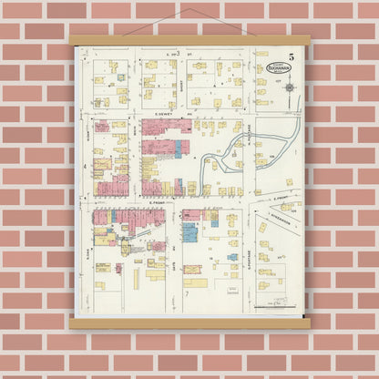 Old map wall art mockup — magnetic wood frame on brick wall — Sanborn Fire Insurance Map from Buchanan, Berrien County, Michigan (1917), Sheet #0005