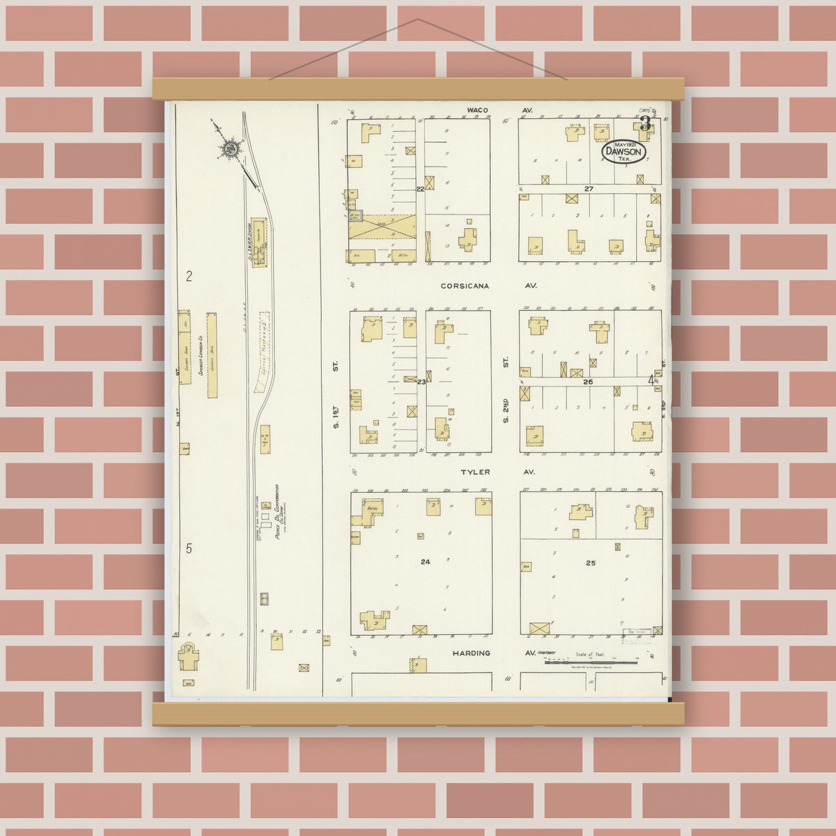 Old map wall art mockup — magnetic wood frame on brick wall — Sanborn Fire Insurance Map from Dawson, Navarro County, Texas (1921), Sheet #0003