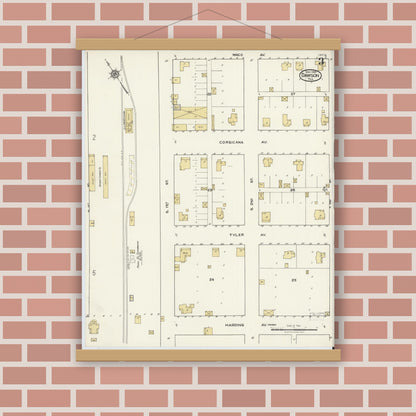 Old map wall art mockup — magnetic wood frame on brick wall — Sanborn Fire Insurance Map from Dawson, Navarro County, Texas (1921), Sheet #0003
