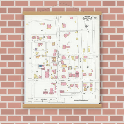 Old map wall art mockup — magnetic wood frame on brick wall — Sanborn Fire Insurance Map from Charlottesville, Independent Cities, Virginia (1920), Sheet #0020