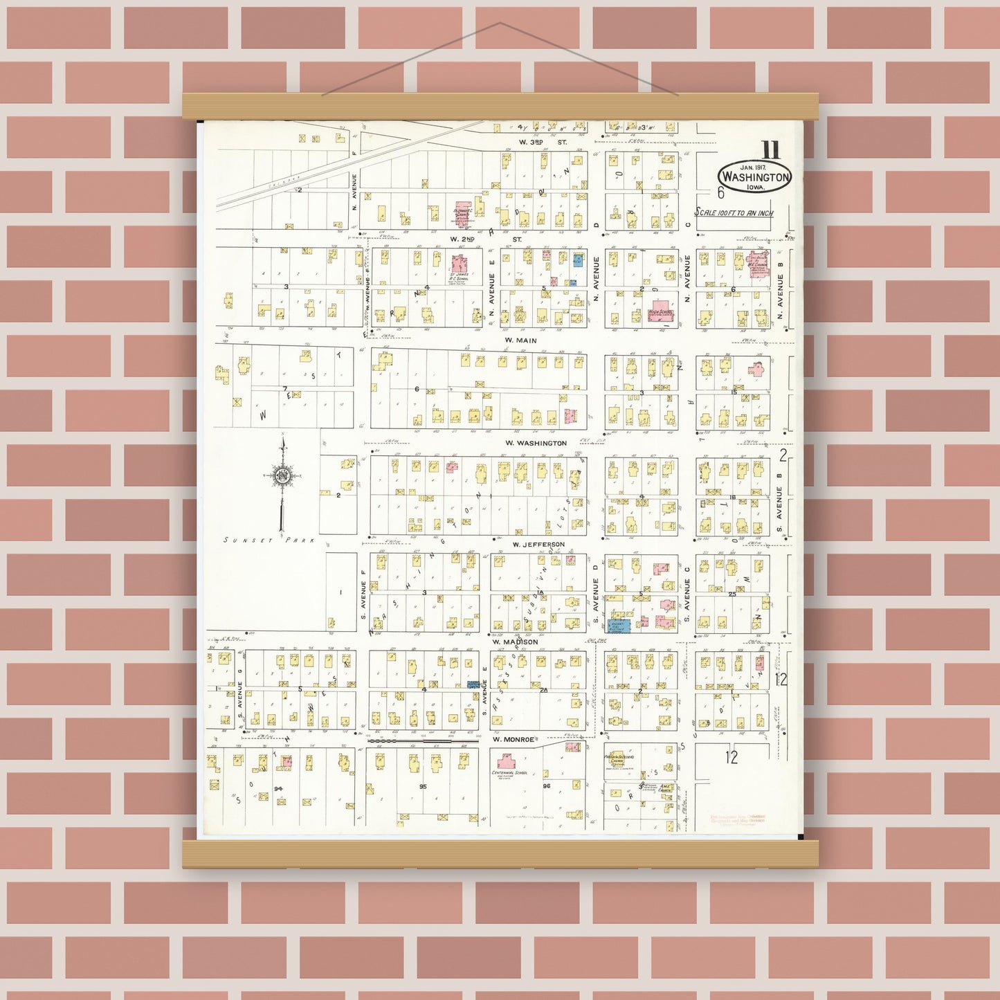 Old map wall art mockup — magnetic wood frame on brick wall — Sanborn Fire Insurance Map from Washington, Washington County, Iowa (1917), Sheet #0011