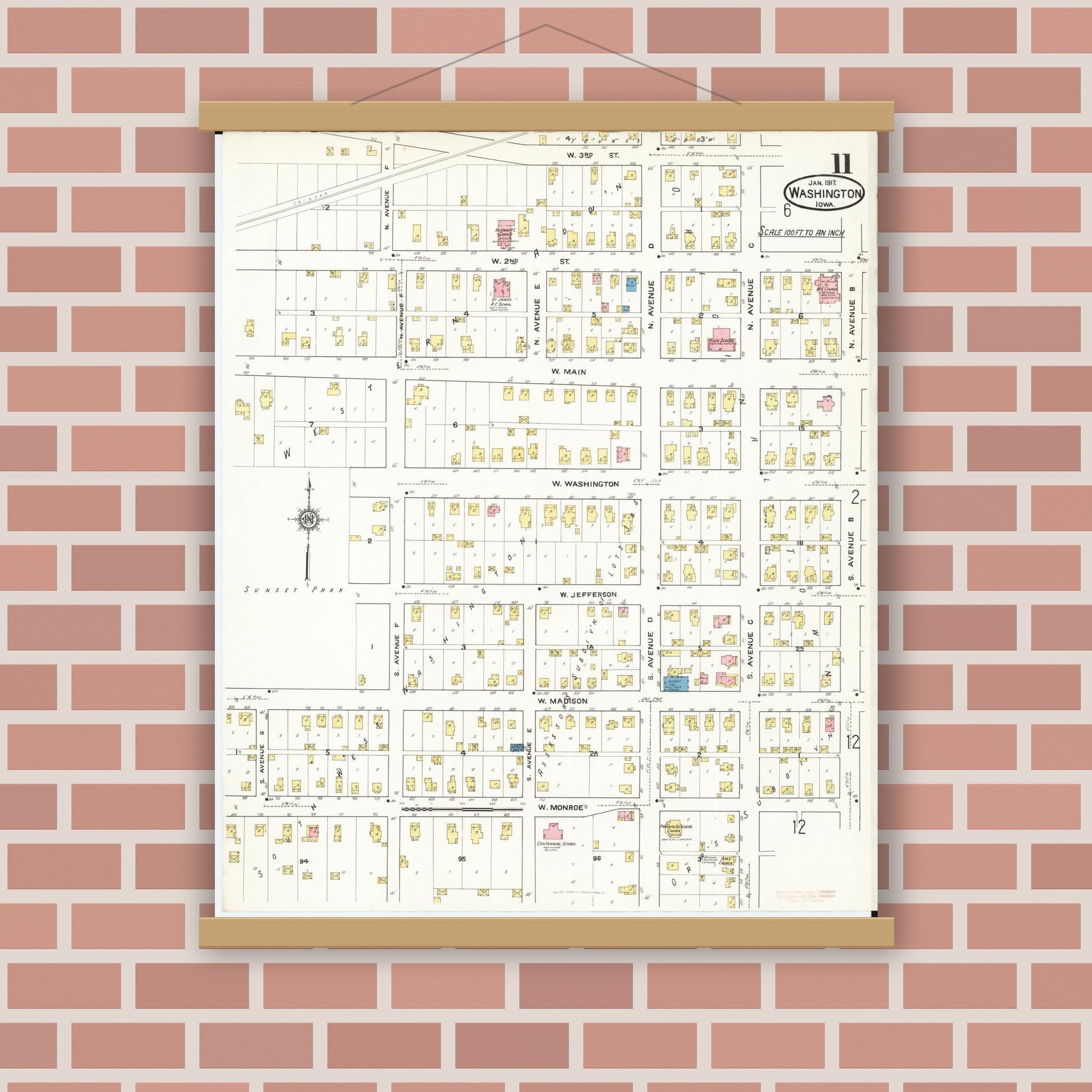 Old map wall art mockup — magnetic wood frame on brick wall — Sanborn Fire Insurance Map from Washington, Washington County, Iowa (1917), Sheet #0011