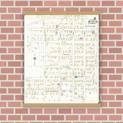 Old map wall art mockup — magnetic wood frame on brick wall — Sanborn Fire Insurance Map from Washington, Washington County, Iowa (1917), Sheet #0011