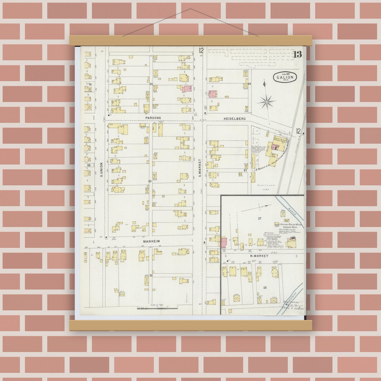 Old map wall art mockup — magnetic wood frame on brick wall — Sanborn Fire Insurance Map from Galion, Crawford County, Ohio (1897), Sheet #0013