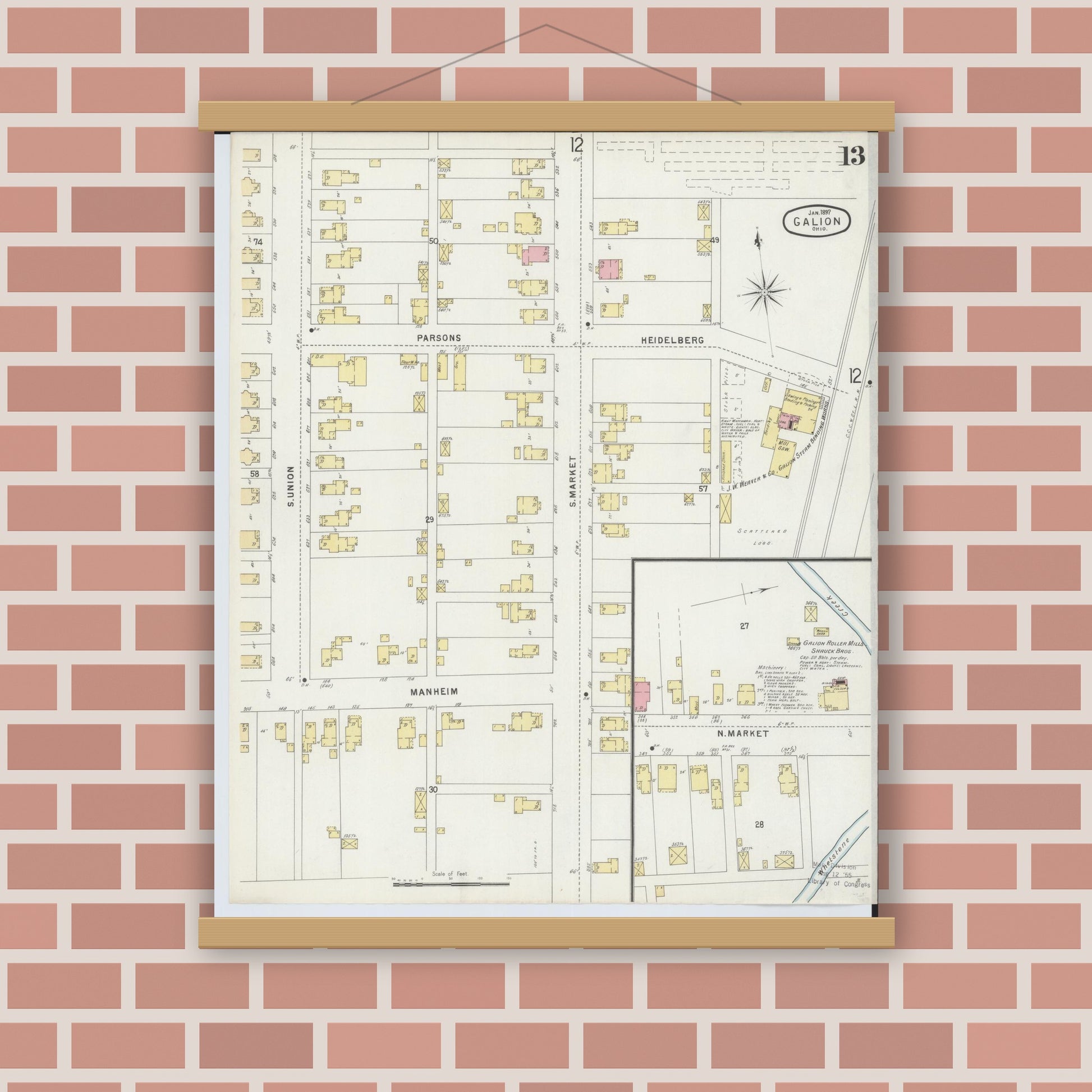 Old map wall art mockup — magnetic wood frame on brick wall — Sanborn Fire Insurance Map from Galion, Crawford County, Ohio (1897), Sheet #0013