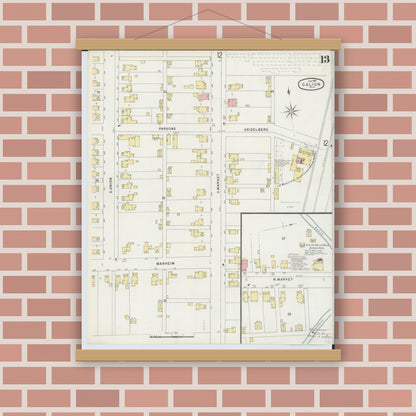 Old map wall art mockup — magnetic wood frame on brick wall — Sanborn Fire Insurance Map from Galion, Crawford County, Ohio (1897), Sheet #0013