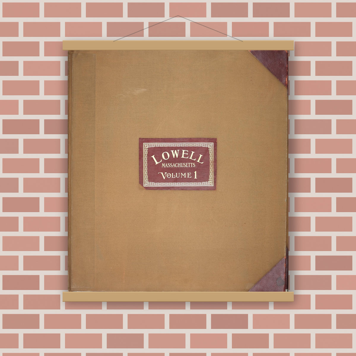 Old map wall art mockup — magnetic wood frame on brick wall — Sanborn Fire Insurance Map from Lowell, Middlesex County, Massachusetts (1950), Sheet #0001