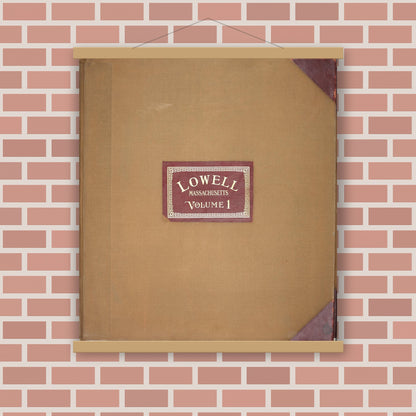 Old map wall art mockup — magnetic wood frame on brick wall — Sanborn Fire Insurance Map from Lowell, Middlesex County, Massachusetts (1950), Sheet #0001