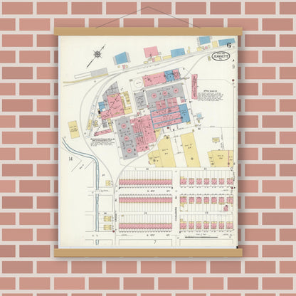 Old map wall art mockup — magnetic wood frame on brick wall — Sanborn Fire Insurance Map from Jeannette, Westmoreland County, Pennsylvania (1916), Sheet #0006