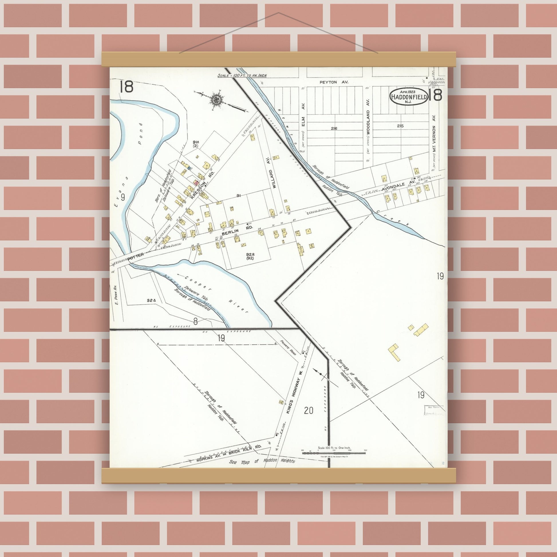 Old map wall art mockup — magnetic wood frame on brick wall — Sanborn Fire Insurance Map from Haddonfield, Camden County, New Jersey (1923), Sheet #0018