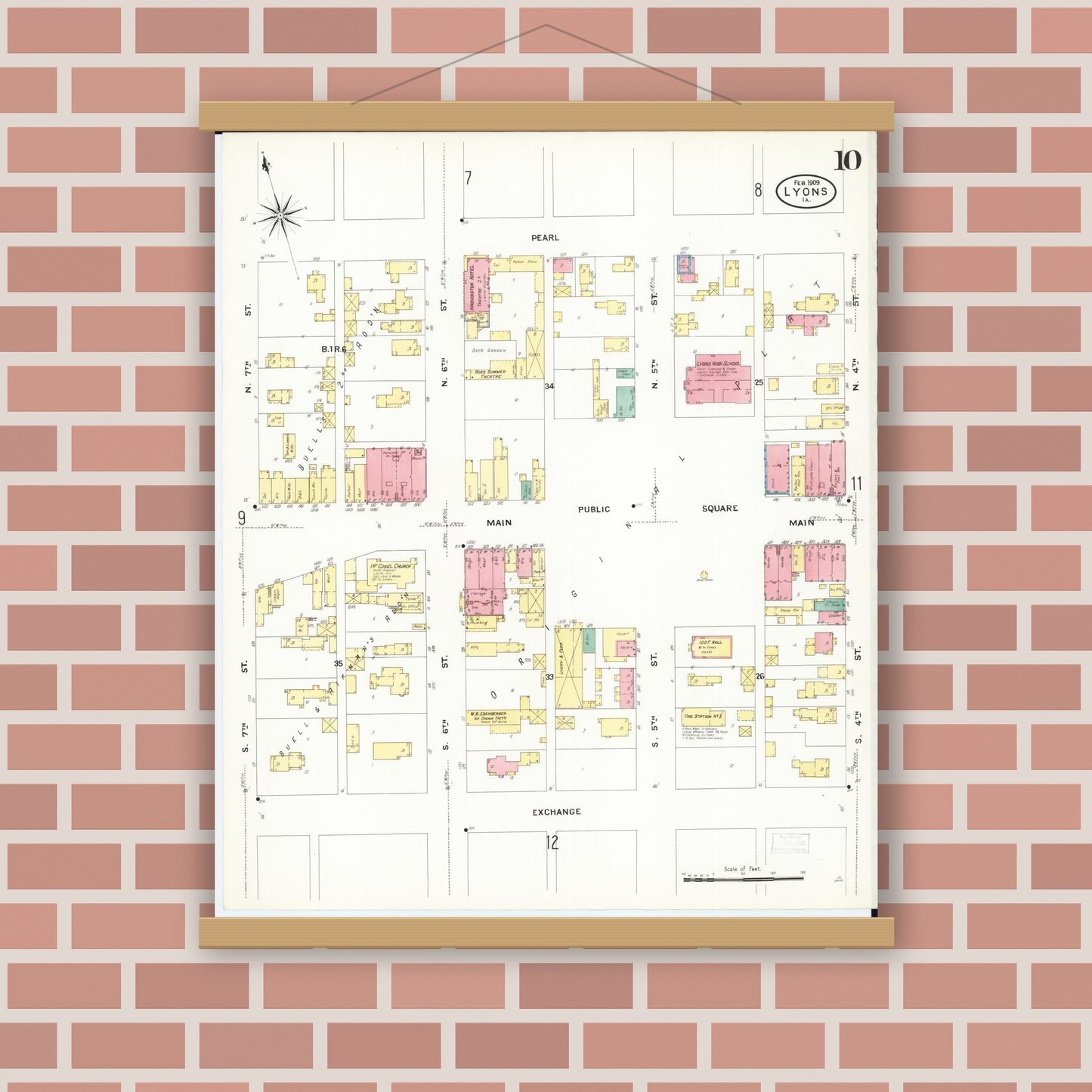 Old map wall art mockup — magnetic wood frame on brick wall — Sanborn Fire Insurance Map from Lyons, Clinton County, Iowa (1909), Sheet #0010