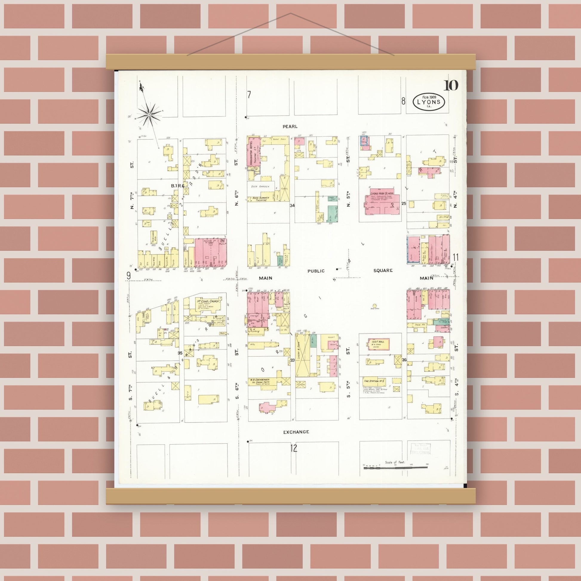 Old map wall art mockup — magnetic wood frame on brick wall — Sanborn Fire Insurance Map from Lyons, Clinton County, Iowa (1909), Sheet #0010