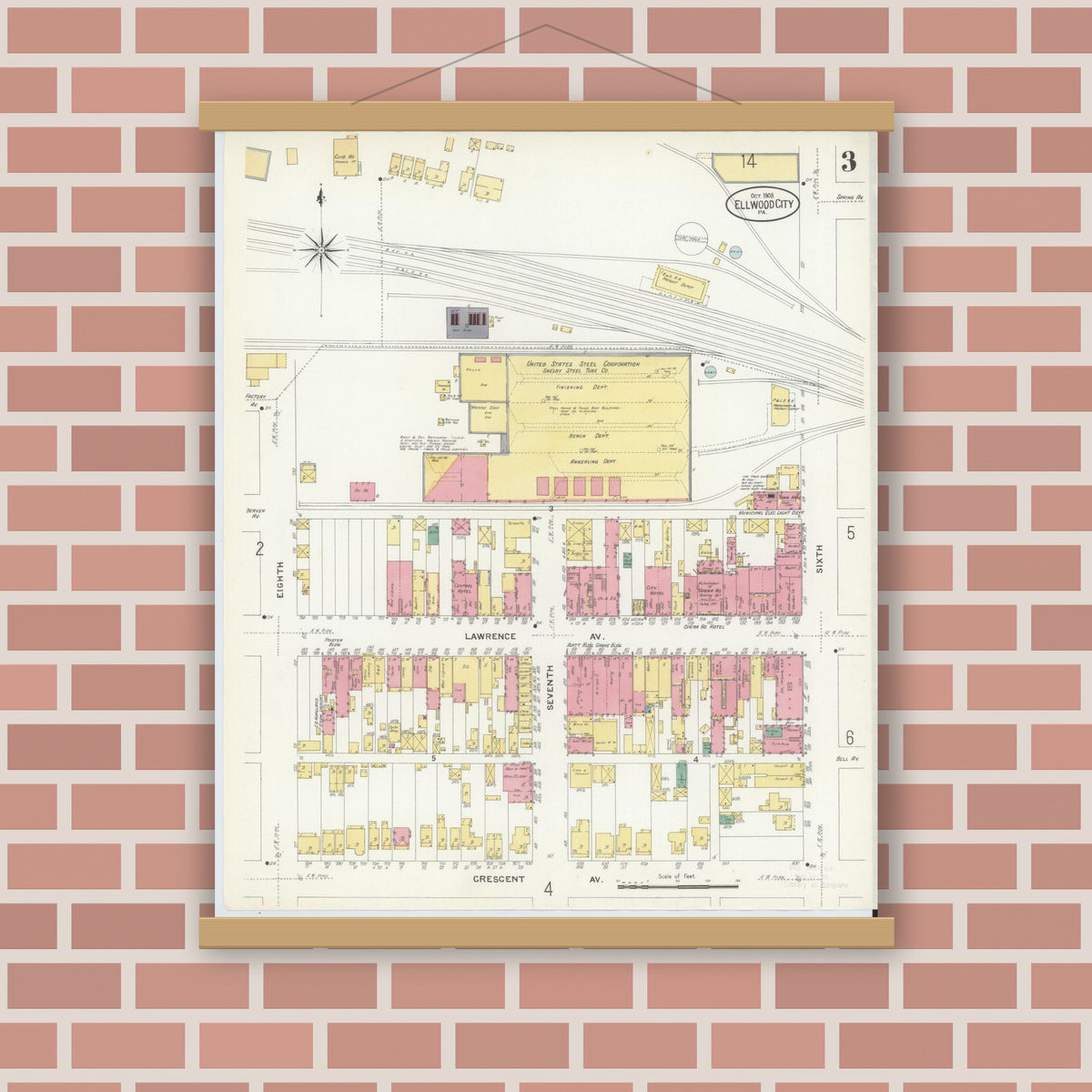 Old map wall art mockup — magnetic wood frame on brick wall — Sanborn Fire Insurance Map from Ellwood City, Lawrence County, Pennsylvania (1908), Sheet #0003