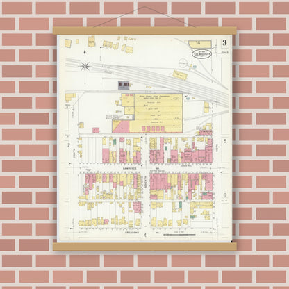 Old map wall art mockup — magnetic wood frame on brick wall — Sanborn Fire Insurance Map from Ellwood City, Lawrence County, Pennsylvania (1908), Sheet #0003