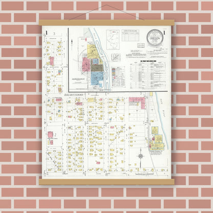 Old map wall art mockup — magnetic wood frame on brick wall — Sanborn Fire Insurance Map from Oregon, Ogle County, Illinois (1933), Sheet #0001