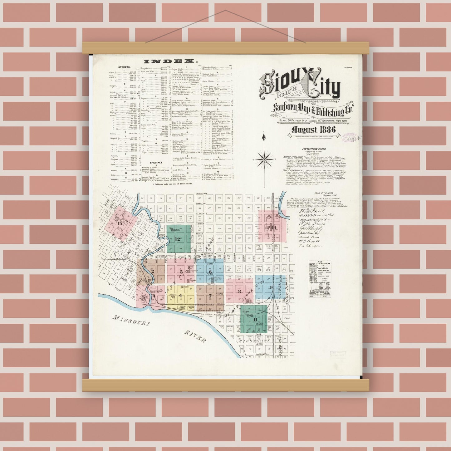 Old map wall art mockup — magnetic wood frame on brick wall — Sanborn Fire Insurance Map from Sioux City, Woodbury County, Iowa (1886), Sheet #0001