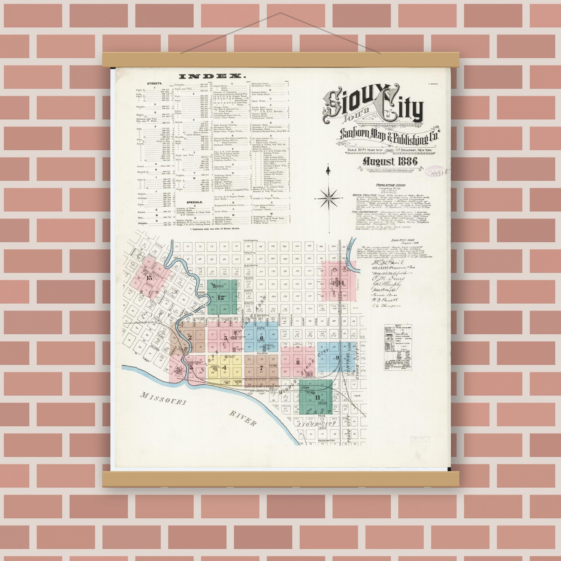 Old map wall art mockup — magnetic wood frame on brick wall — Sanborn Fire Insurance Map from Sioux City, Woodbury County, Iowa (1886), Sheet #0001