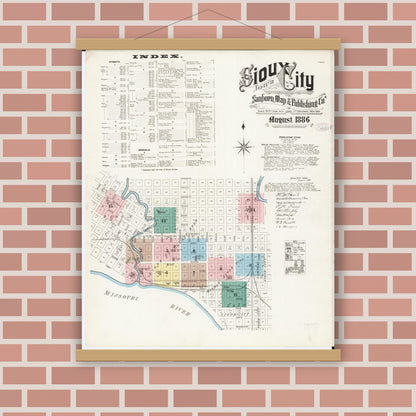 Old map wall art mockup — magnetic wood frame on brick wall — Sanborn Fire Insurance Map from Sioux City, Woodbury County, Iowa (1886), Sheet #0001